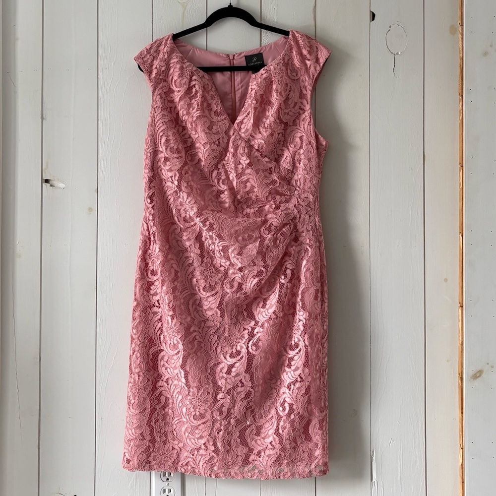 Adrianna Papell Split Neck Fully Pink Lace Dress Size 14 - Picture 12 of 17